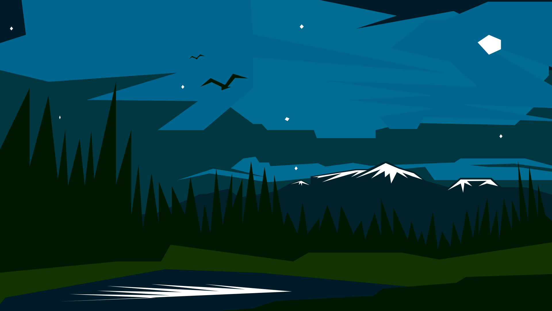 angular art, a forest, a river, mountains and a big sky