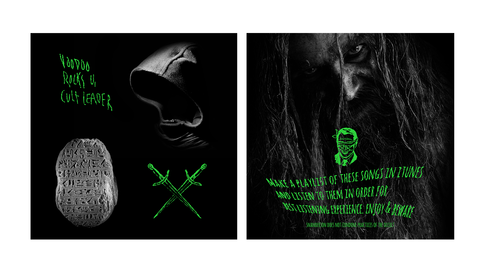 album artwork black and white, green illustrations, creepy